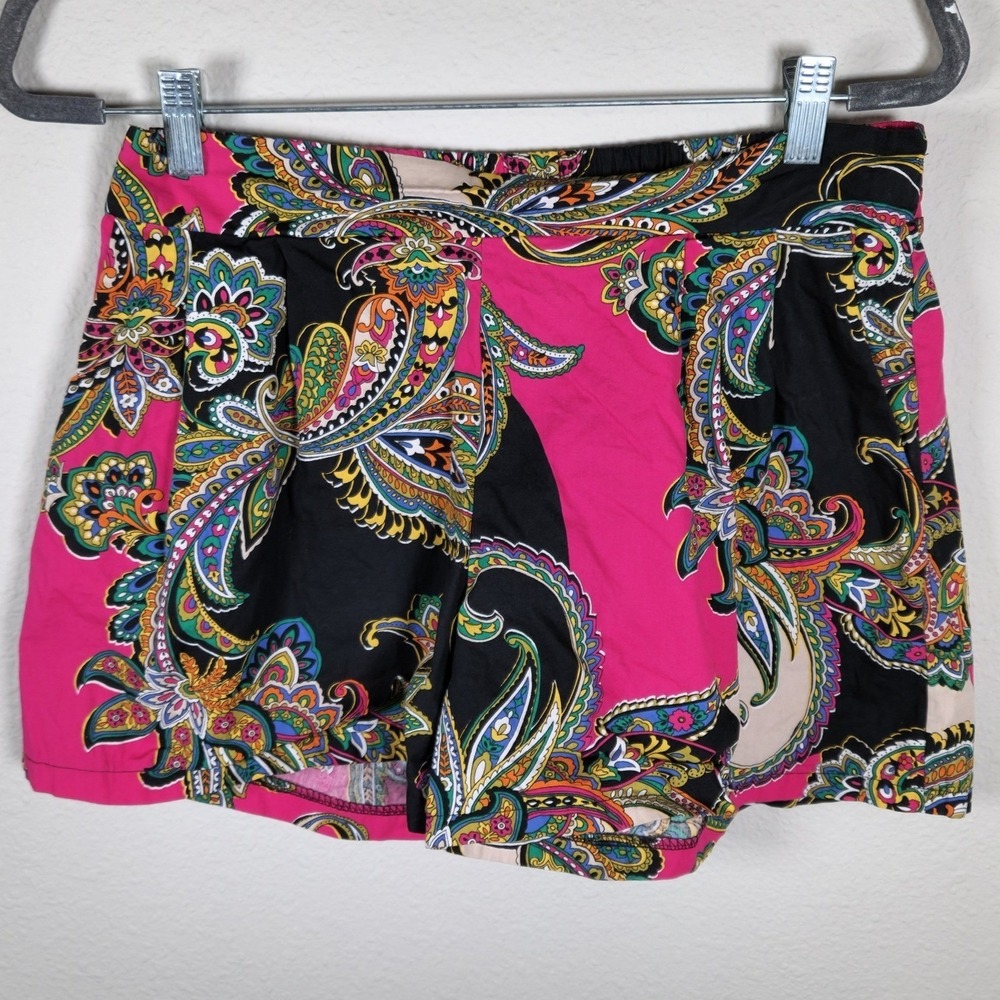 Boho Beachy Paisley Print Elastic Waist Shorts Venti6 LA Hot Pink Black Large
